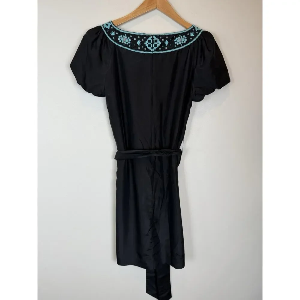 Tory Burch Lottie Size 4 Black Turquoise Embroidered Silk Tie Belt Shift Dress